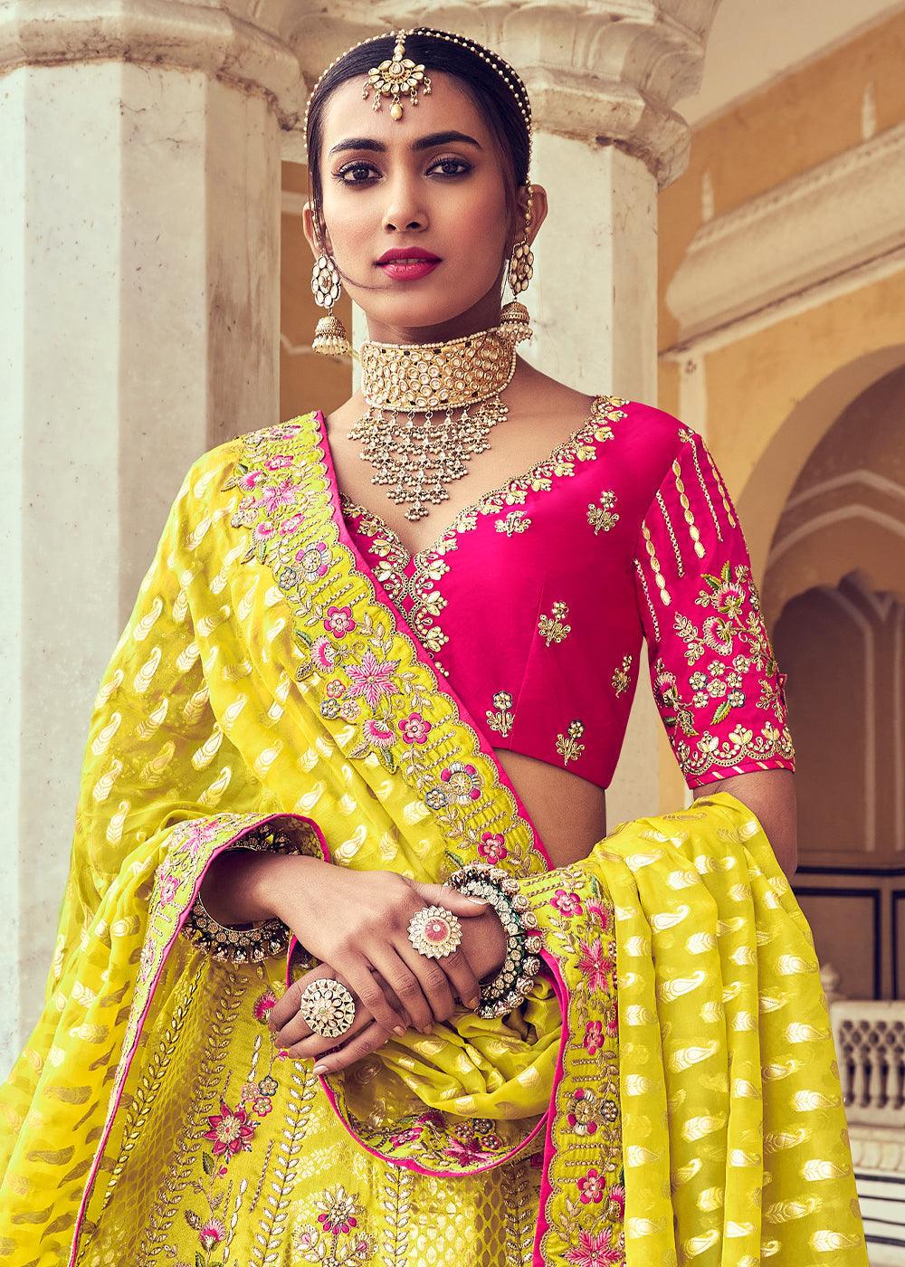 Cadmium Yellow Banarasi Silk Lehenga Choli with Khatli and Heavy Embroidered work - qivii