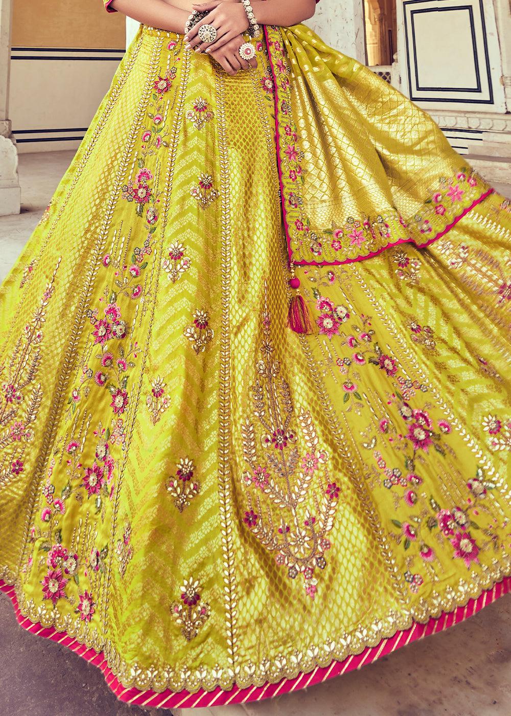 Cadmium Yellow Banarasi Silk Lehenga Choli with Khatli and Heavy Embroidered work - qivii