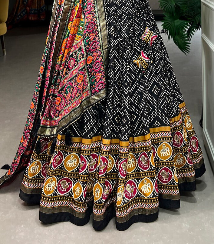 Tussar Silk Bandhej And Patola Print With Foil Work In Black Color