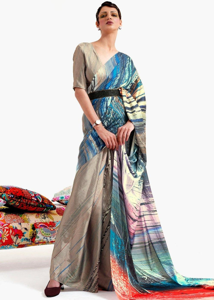 Camel Brown Digital Printed Satin Crepe Saree | Stitched Blouse - qivii