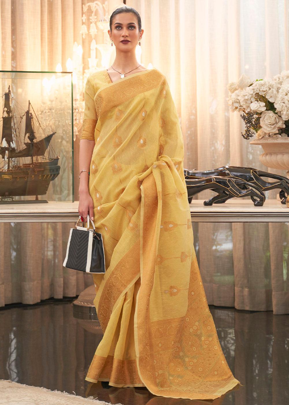 Canary Yellow Copper Zari Woven Linen Silk Saree | Stitched Blouse - qivii