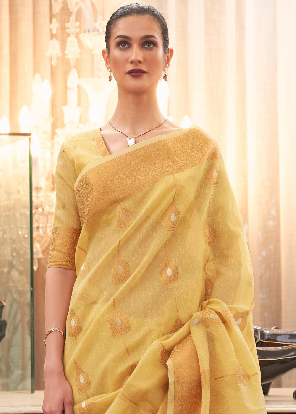 Canary Yellow Copper Zari Woven Linen Silk Saree | Stitched Blouse - qivii