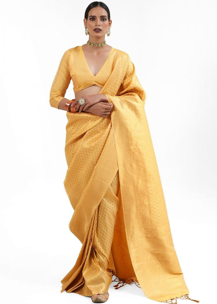 Canary Yellow Kanjivaram Soft Woven Silk Saree | Stitched Blouse - qivii