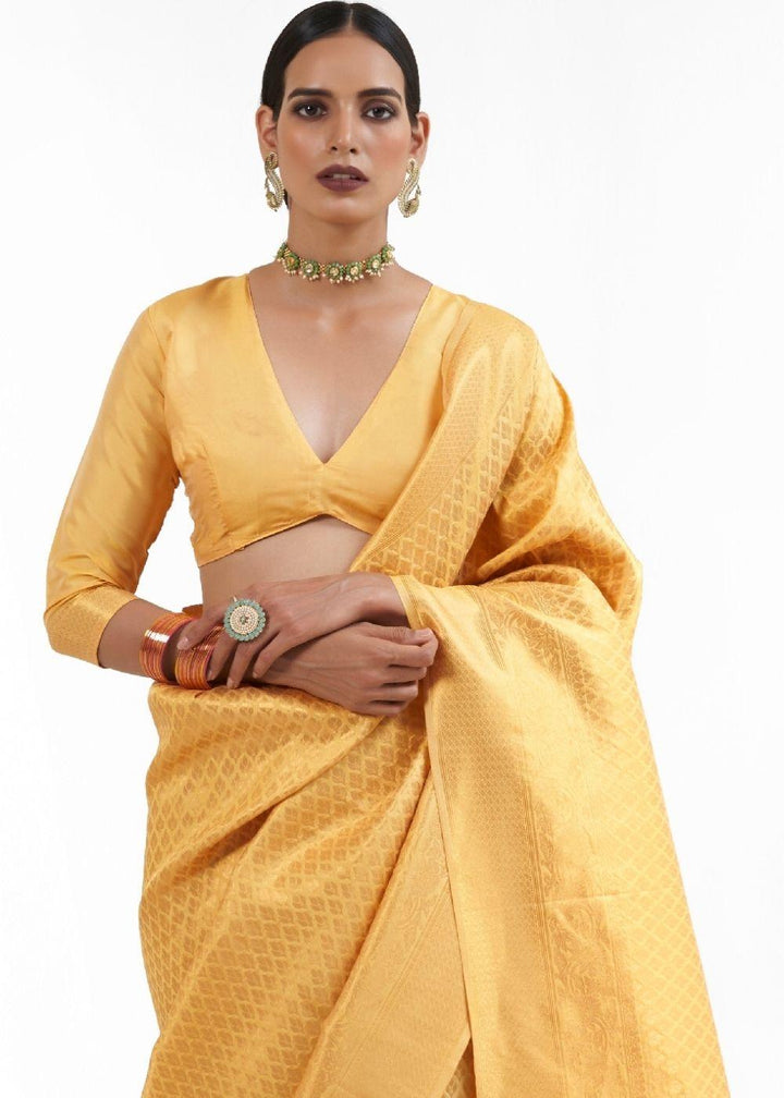 Canary Yellow Kanjivaram Soft Woven Silk Saree | Stitched Blouse - qivii