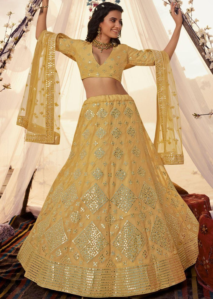 Canary Yellow Organza Lehenga Choli with Thread, Foli and Mirror work (Pre-Order) - qivii