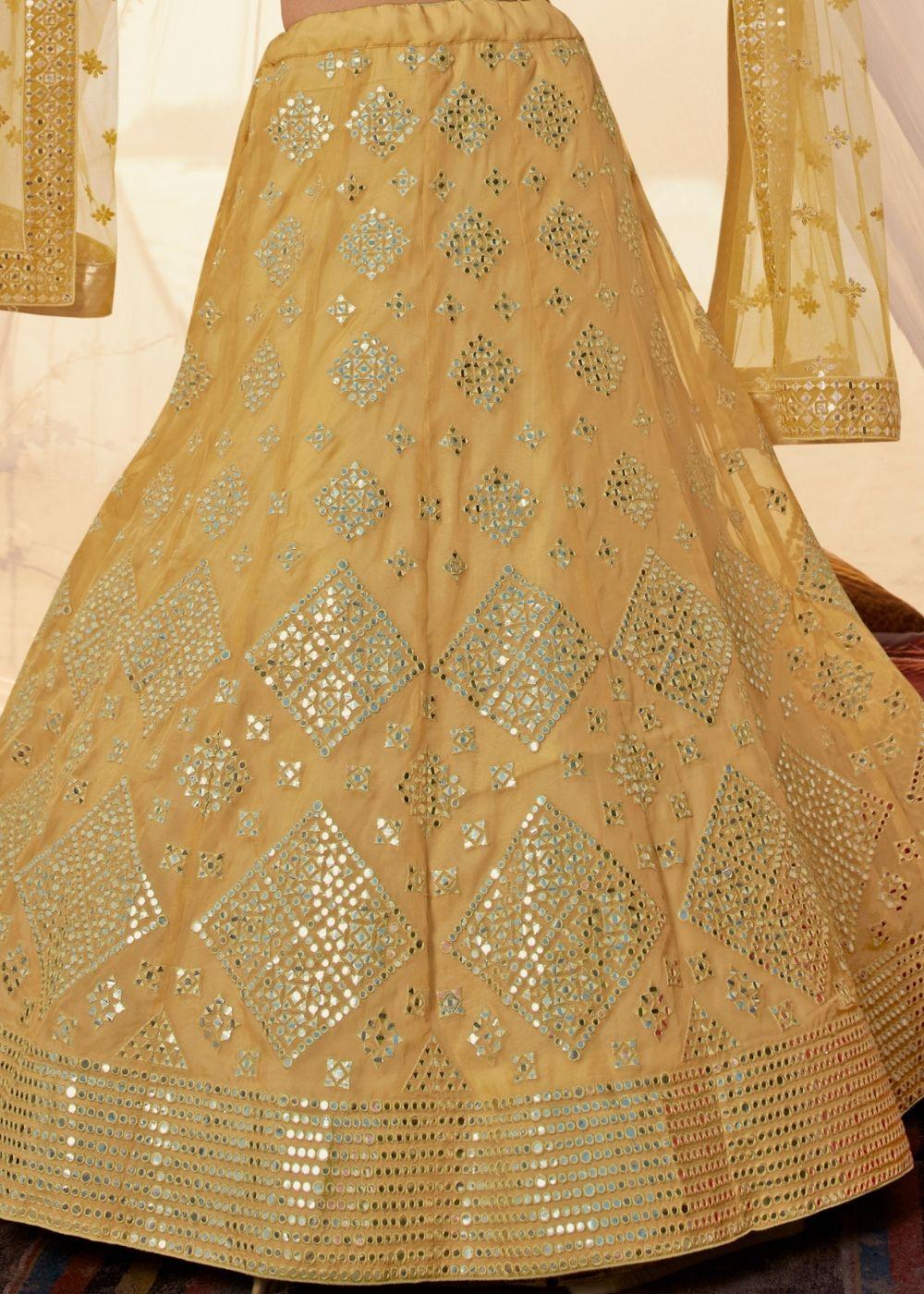 Canary Yellow Organza Lehenga Choli with Thread, Foli and Mirror work (Pre-Order) - qivii