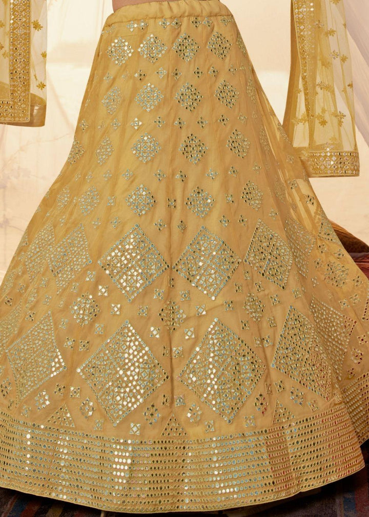 Canary Yellow Organza Lehenga Choli with Thread, Foli and Mirror work (Pre-Order) - qivii