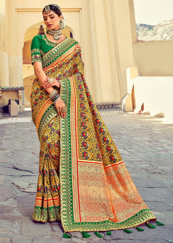 Canary Yellow Patan Patola Silk Saree with Mirror, Khatli & Cut-Dana work | Stitched Blouse - qivii