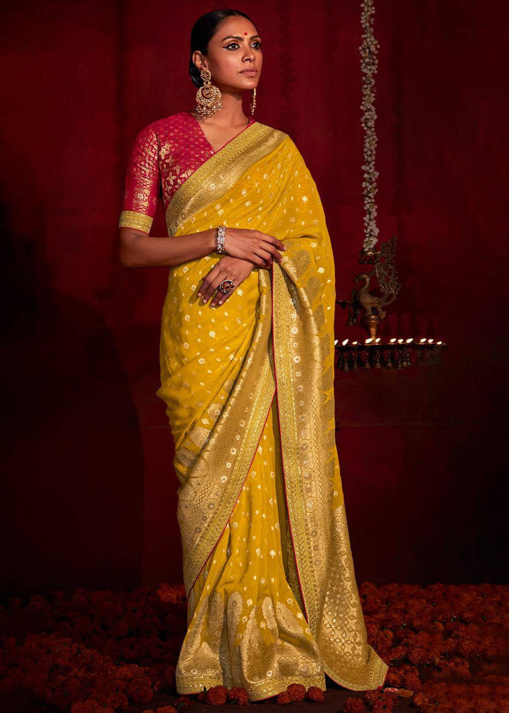 Canary Yellow Zari Woven Khadi Silk Saree with Contrast Blouse | Stitched Blouse - qivii