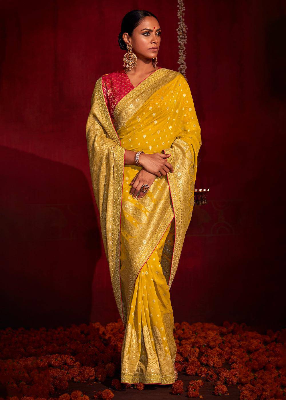 Canary Yellow Zari Woven Khadi Silk Saree with Contrast Blouse | Stitched Blouse - qivii