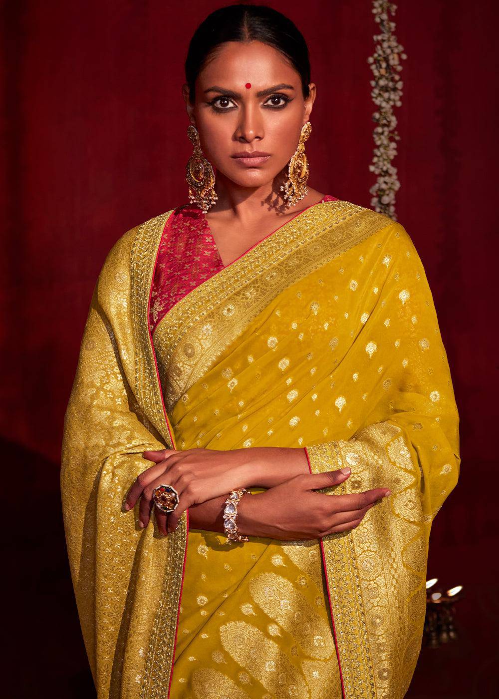 Canary Yellow Zari Woven Khadi Silk Saree with Contrast Blouse | Stitched Blouse - qivii