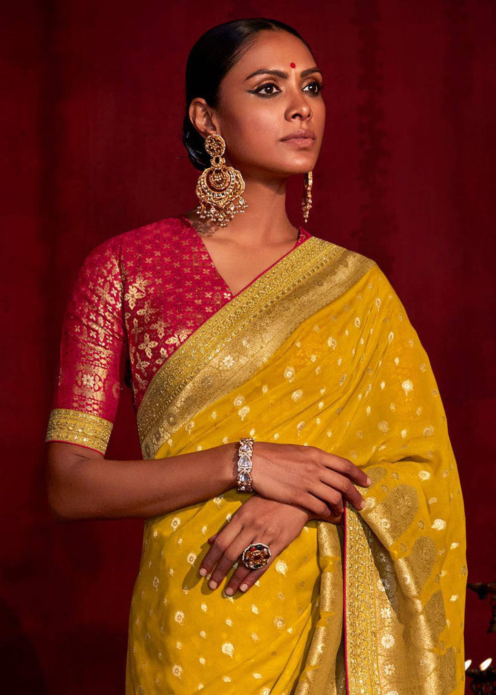 Canary Yellow Zari Woven Khadi Silk Saree with Contrast Blouse | Stitched Blouse - qivii