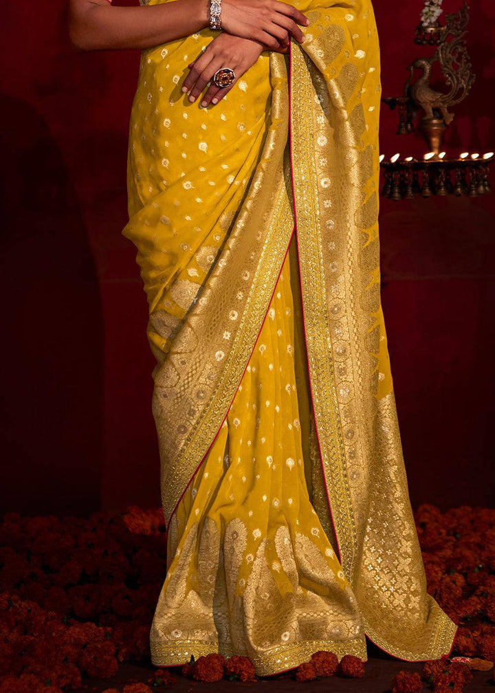 Canary Yellow Zari Woven Khadi Silk Saree with Contrast Blouse | Stitched Blouse - qivii