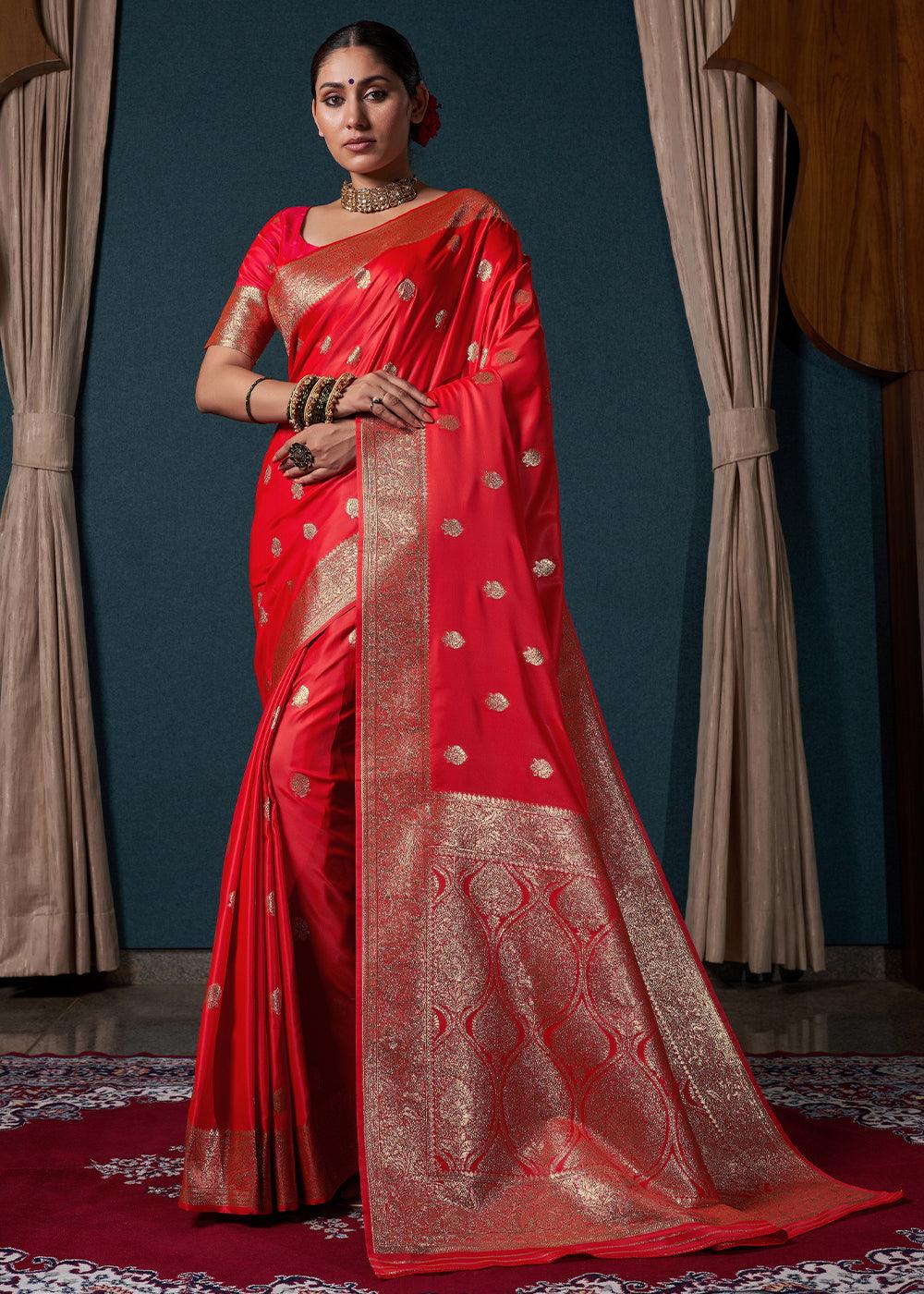 Candy Apple Red Zari Woven Satin Silk Saree - qivii