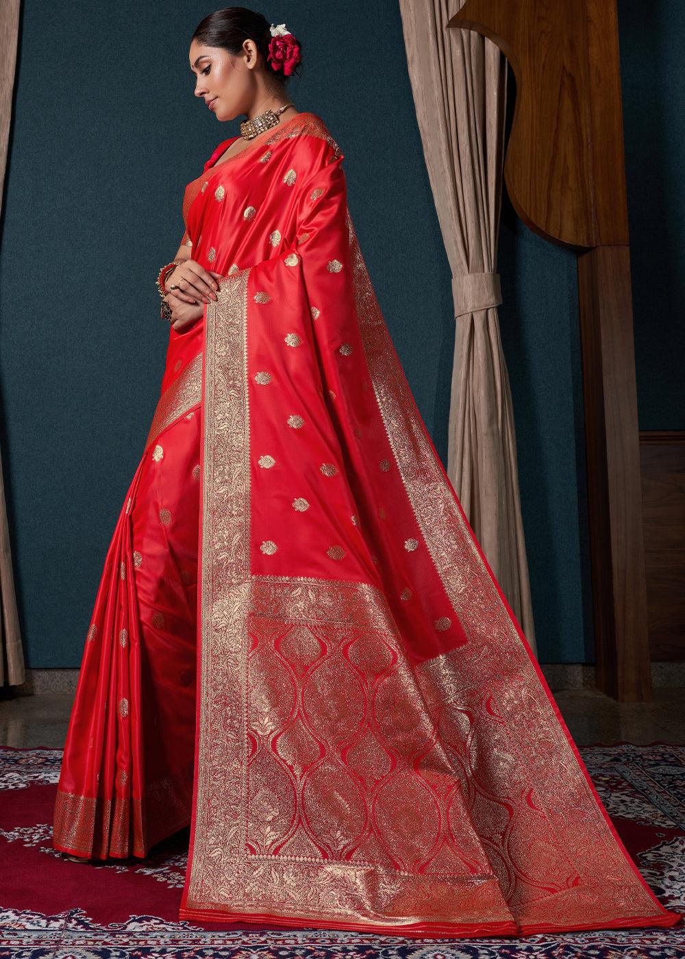 Candy Apple Red Zari Woven Satin Silk Saree - qivii