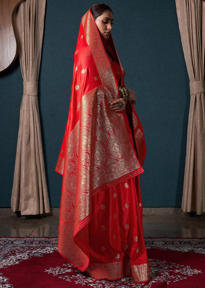 Candy Apple Red Zari Woven Satin Silk Saree - qivii