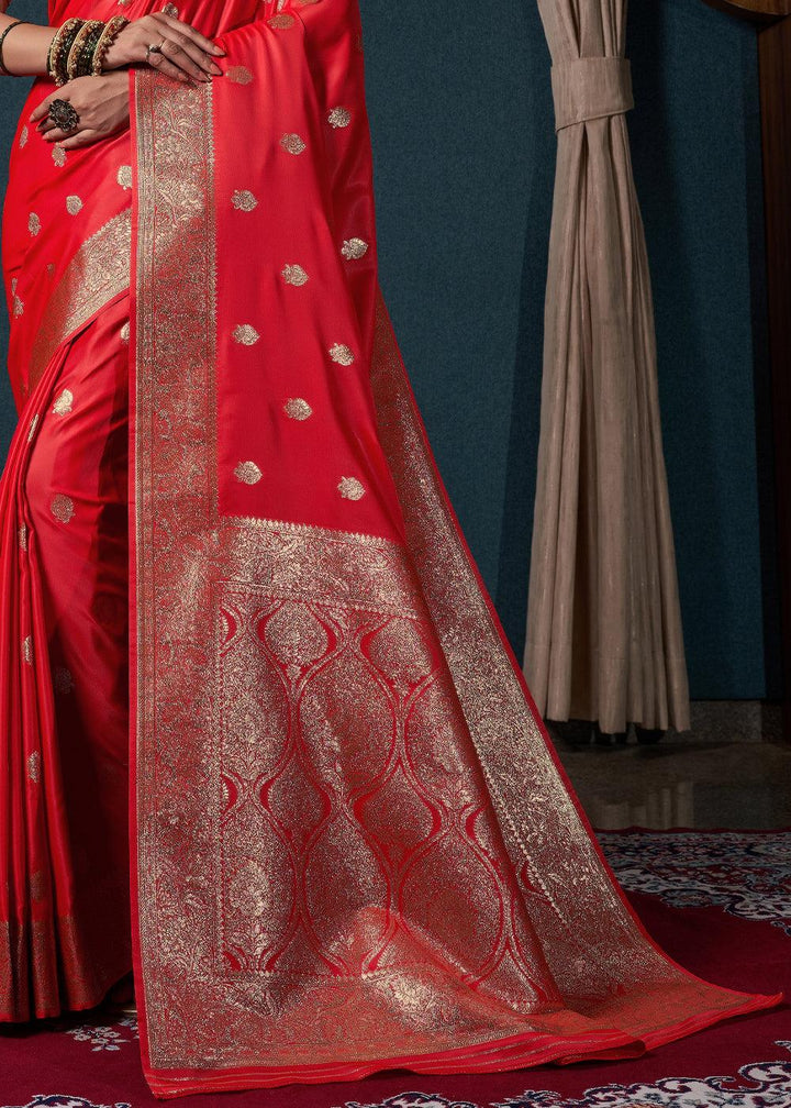 Candy Apple Red Zari Woven Satin Silk Saree - qivii