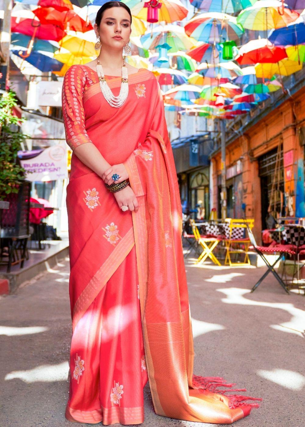 Candy Red Designer Wear Woven Banarasi Silk Saree | Stitched Blouse - qivii