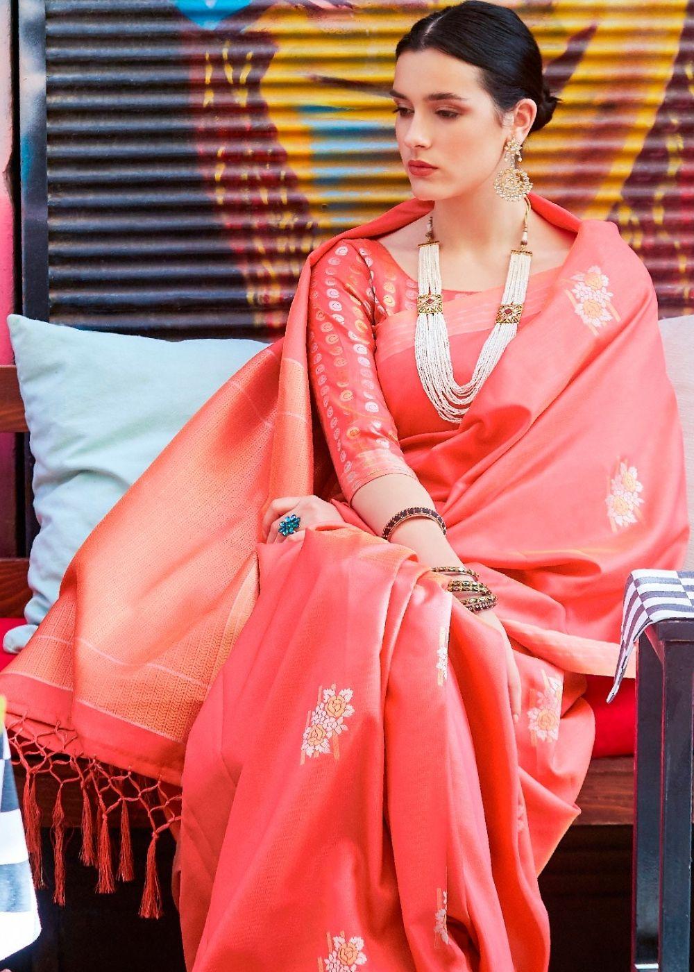 Candy Red Designer Wear Woven Banarasi Silk Saree | Stitched Blouse - qivii