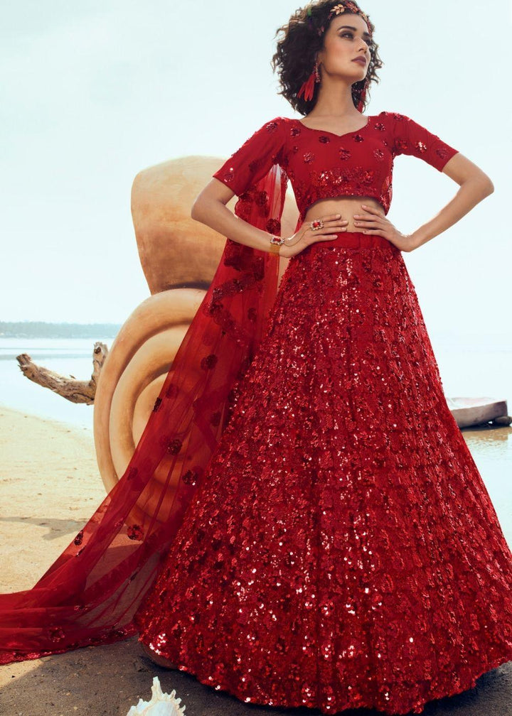 Candy Red Soft Net Designer Lehenga Choli with overall Sequins work - qivii