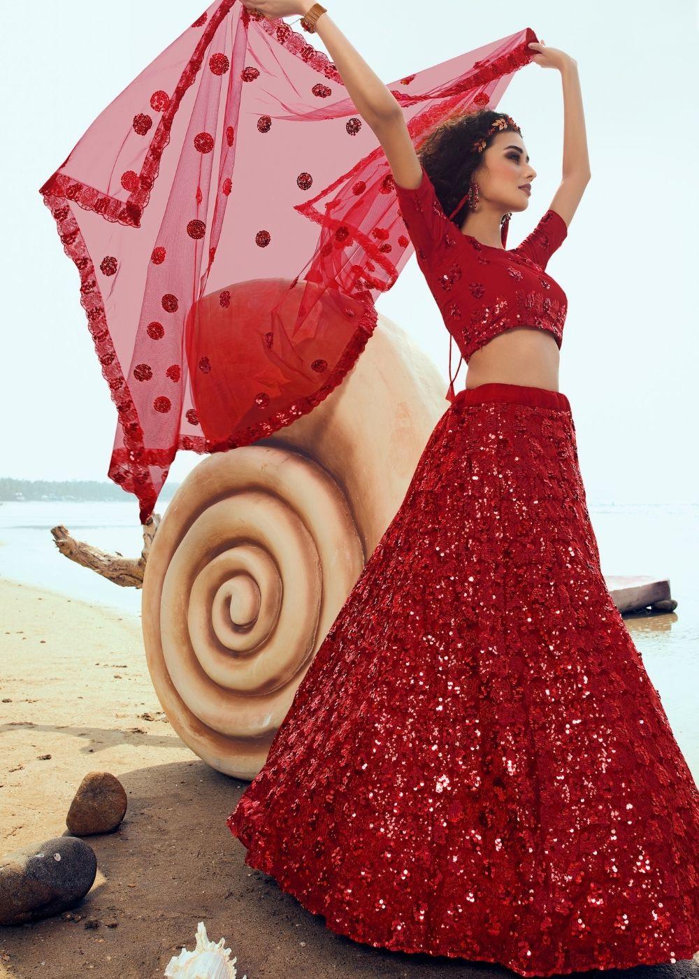 Candy Red Soft Net Designer Lehenga Choli with overall Sequins work - qivii