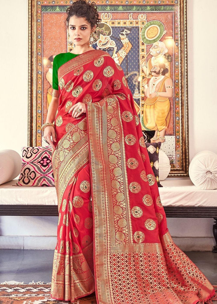 Candy Red Woven Banarasi Silk Saree | Stitched Blouse - qivii