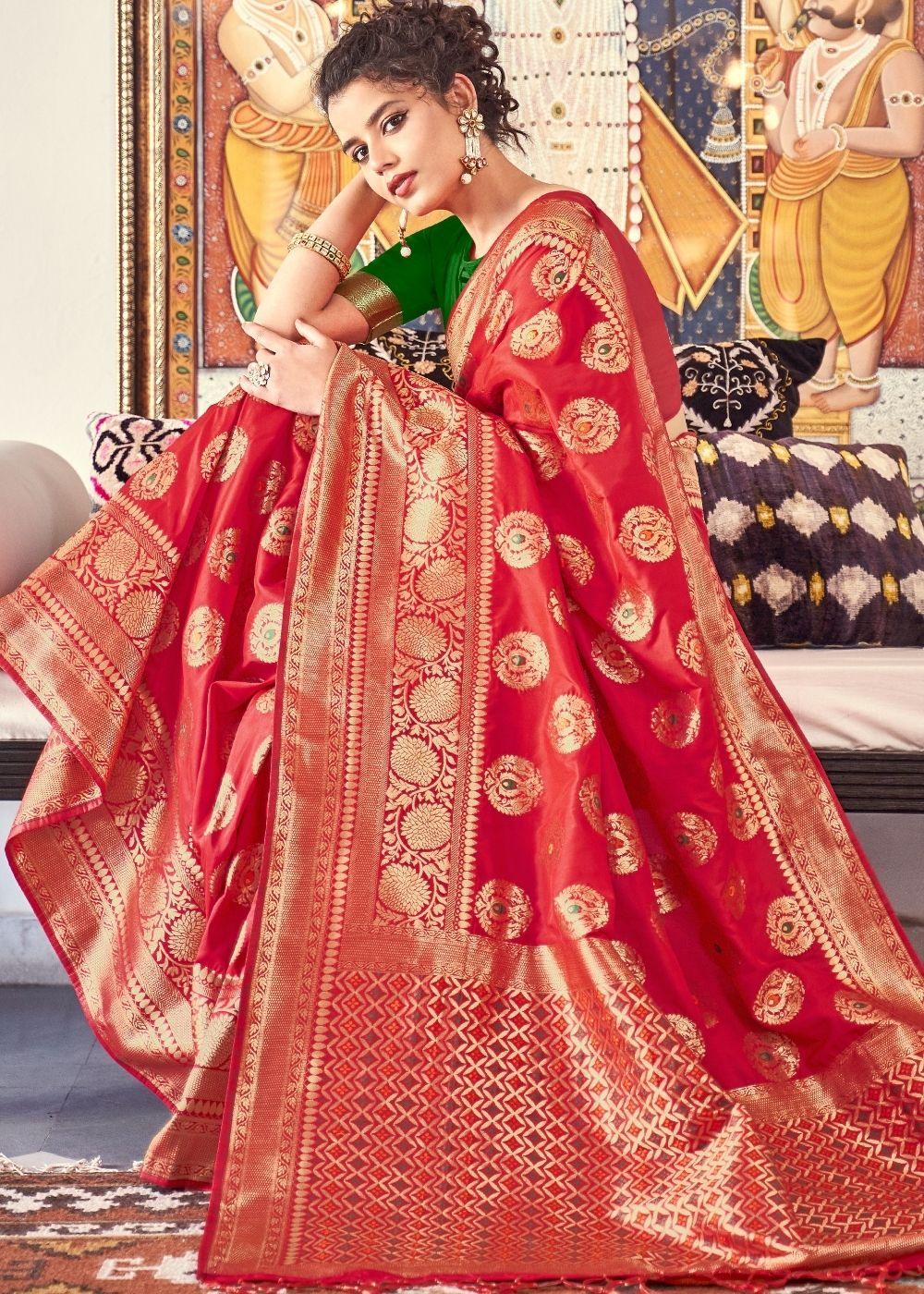 Candy Red Woven Banarasi Silk Saree | Stitched Blouse - qivii