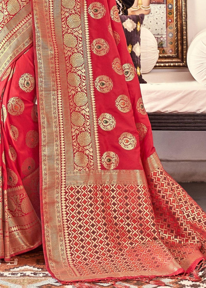 Candy Red Woven Banarasi Silk Saree | Stitched Blouse - qivii