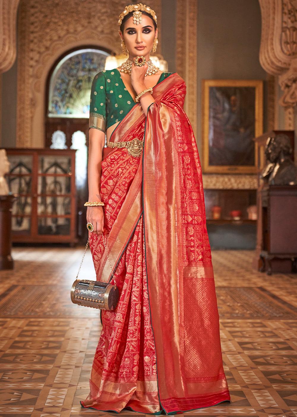 Candy Red Zari Woven Banarasi Silk Saree | Stitched Blouse - qivii