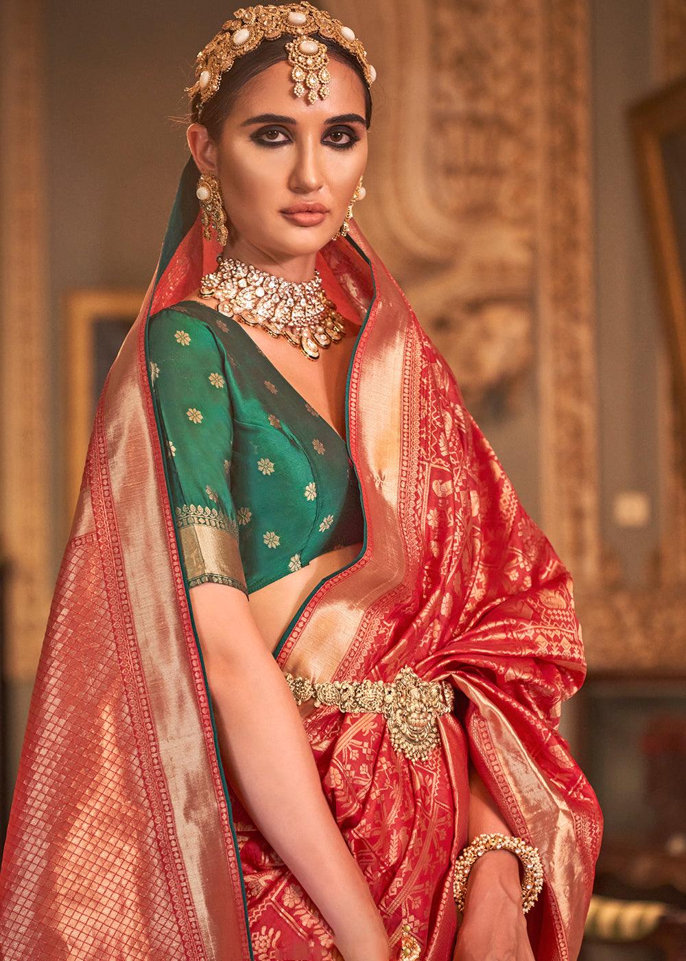 Candy Red Zari Woven Banarasi Silk Saree | Stitched Blouse - qivii