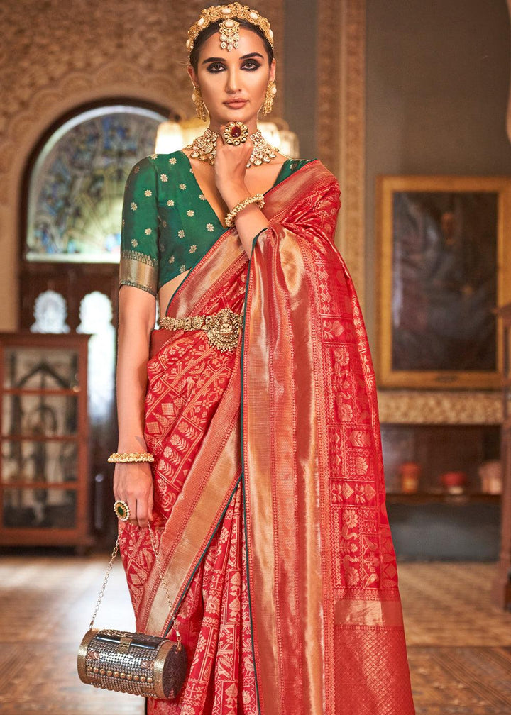 Candy Red Zari Woven Banarasi Silk Saree | Stitched Blouse - qivii