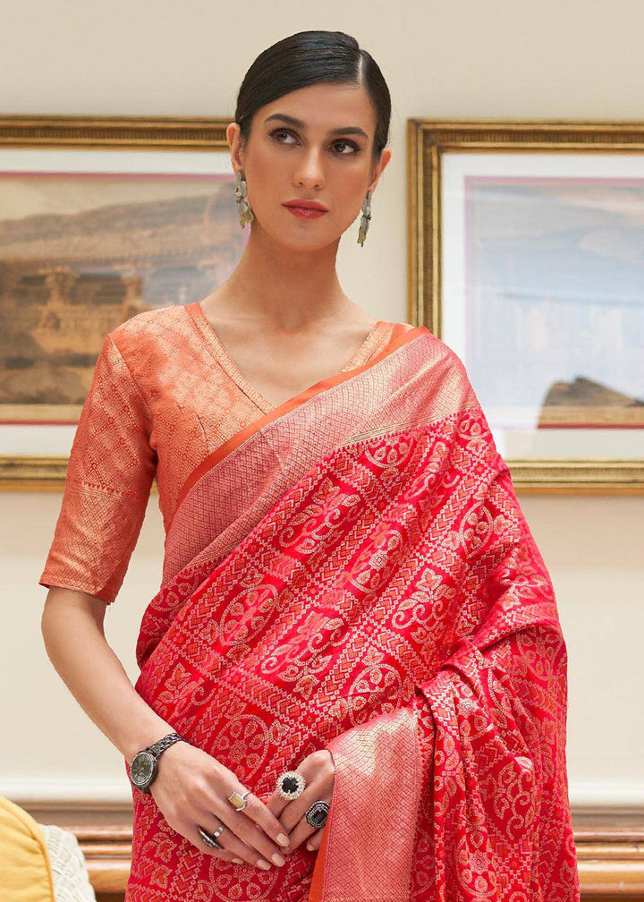 Candy Red Zari Woven Patola Silk Saree | Stitched Blouse - qivii