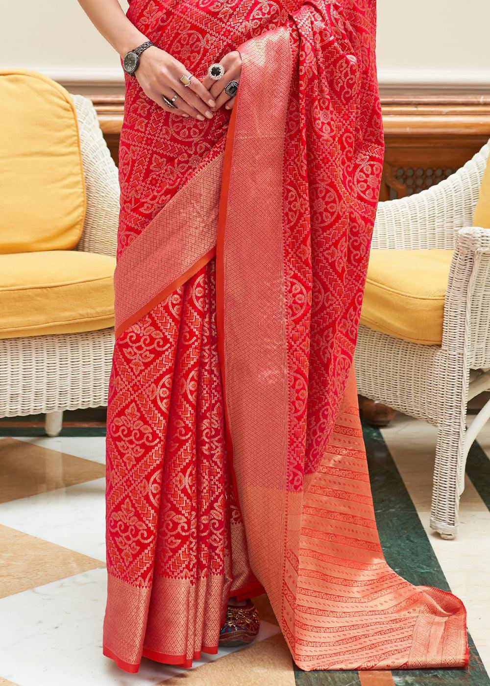 Candy Red Zari Woven Patola Silk Saree | Stitched Blouse - qivii