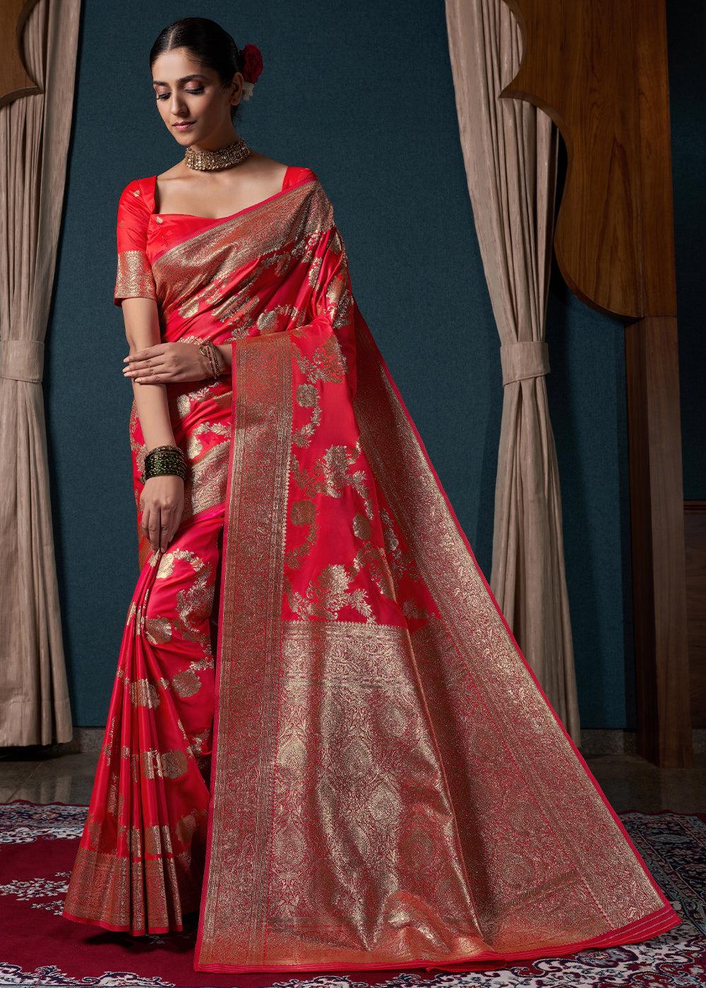 Candy Red Zari Woven Satin Silk Saree - qivii