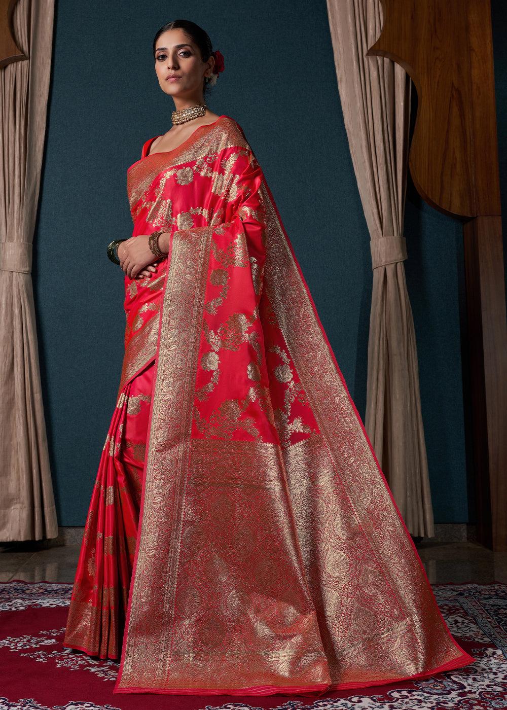 Candy Red Zari Woven Satin Silk Saree - qivii