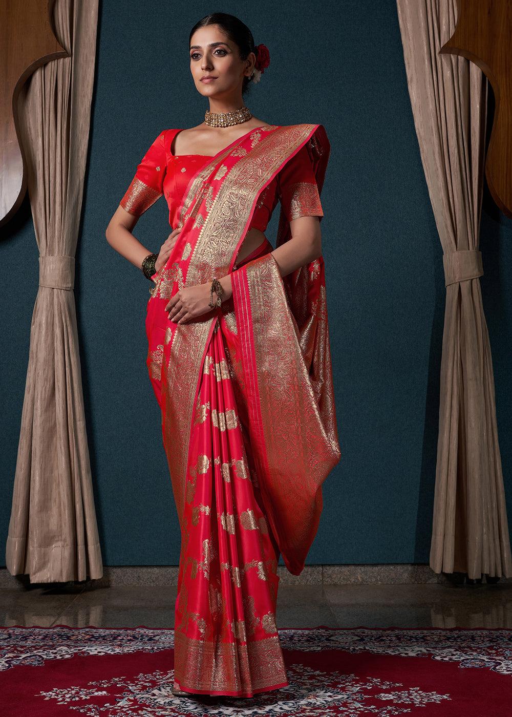 Candy Red Zari Woven Satin Silk Saree - qivii