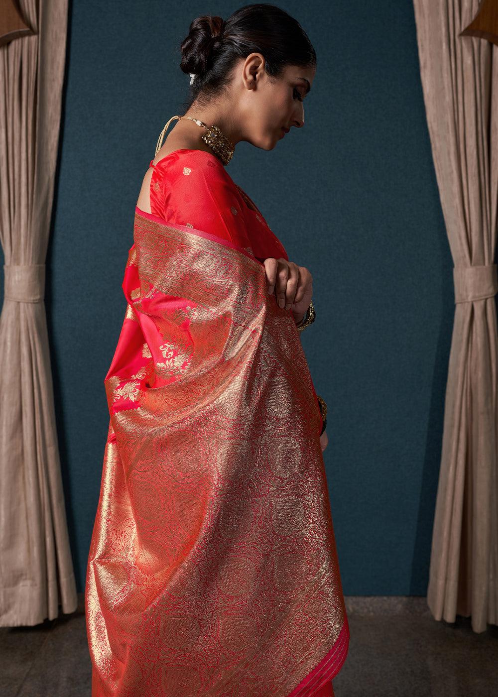 Candy Red Zari Woven Satin Silk Saree - qivii