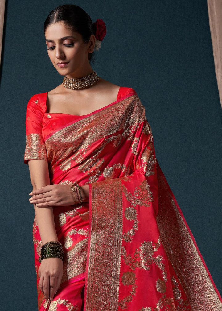 Candy Red Zari Woven Satin Silk Saree - qivii