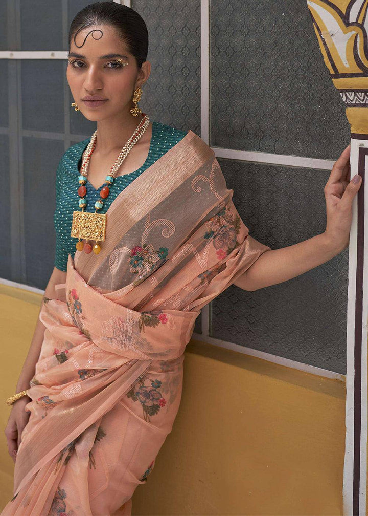 Cantaloupe Orange Digital Print Tissue Silk Saree | Stitched Blouse - qivii