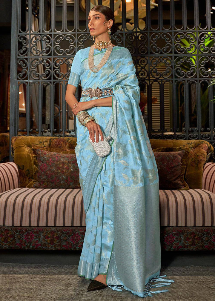 Capri Blue Handloom Woven Designer Silk Saree | Stitched Blouse - qivii