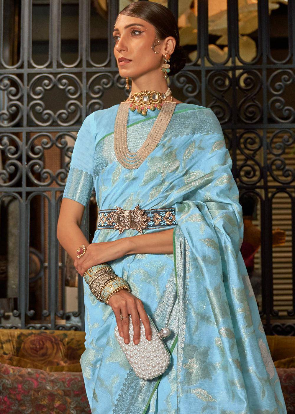 Capri Blue Handloom Woven Designer Silk Saree | Stitched Blouse - qivii