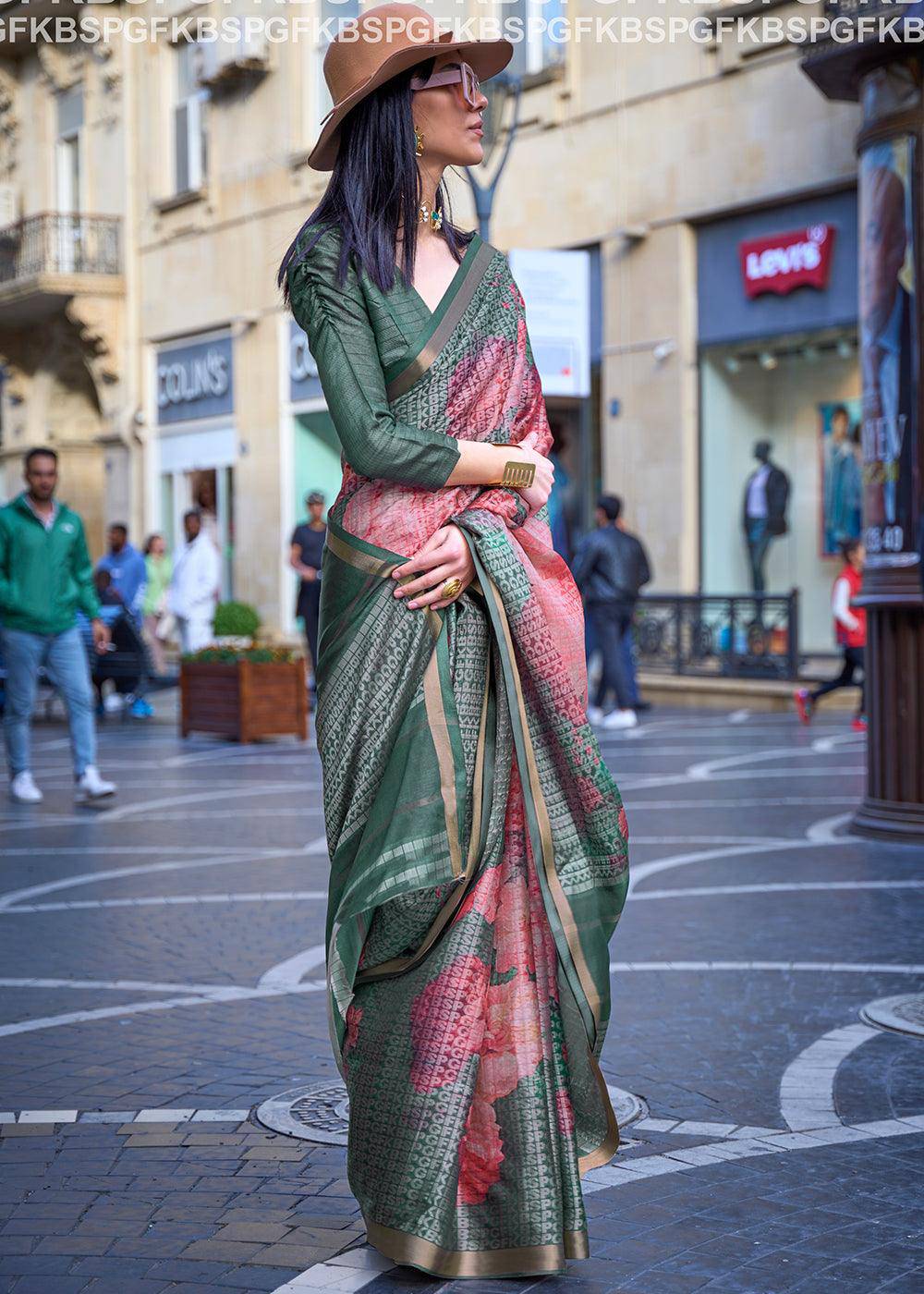 Capri Green Digital Printed Poly Viscose Saree | Stitched Blouse - qivii