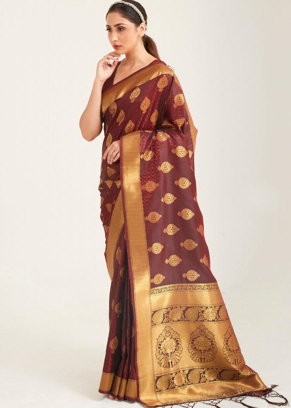 Caramel Brown Zari Butta Woven Banasari Silk Saree | Stitched Blouse - qivii