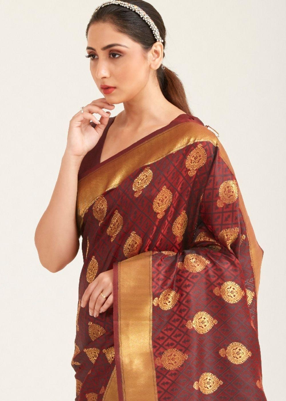 Caramel Brown Zari Butta Woven Banasari Silk Saree | Stitched Blouse - qivii