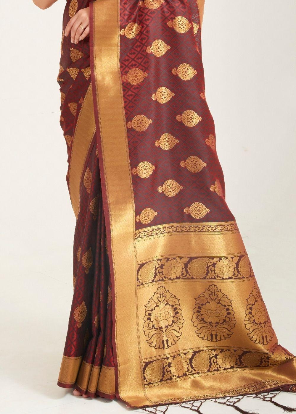 Caramel Brown Zari Butta Woven Banasari Silk Saree | Stitched Blouse - qivii