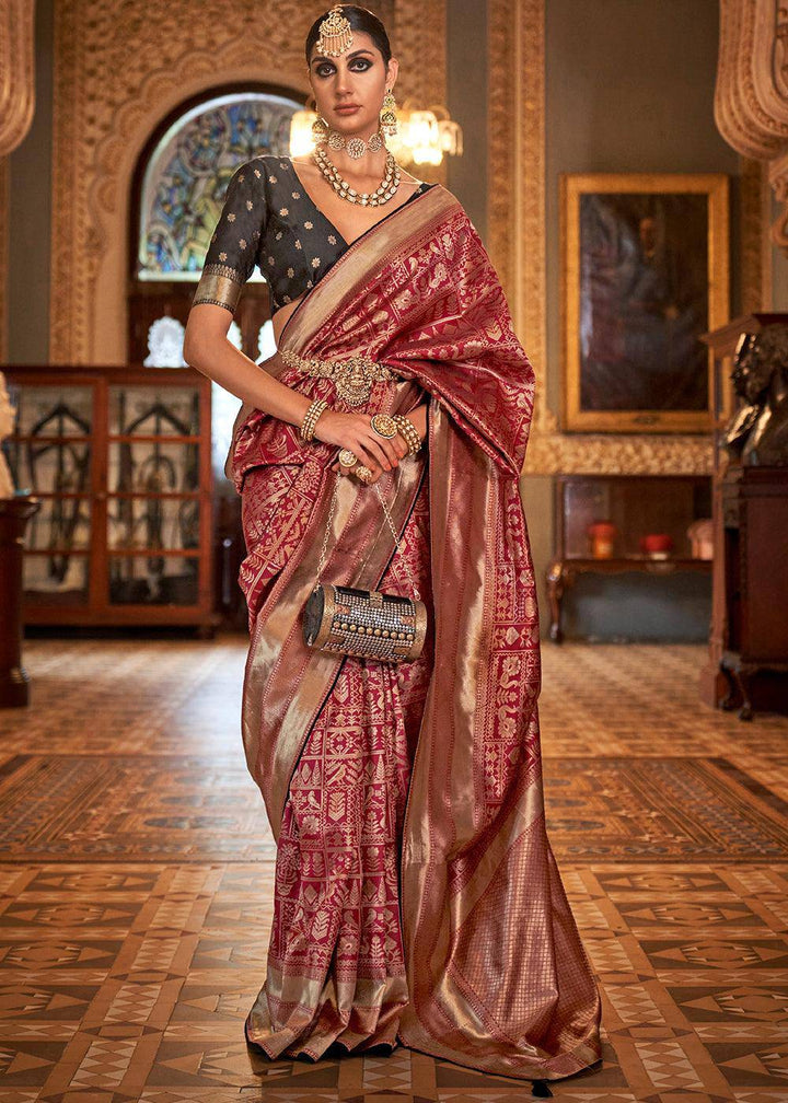 Cardinal Red Zari Woven Banarasi Silk Saree | Stitched Blouse - qivii