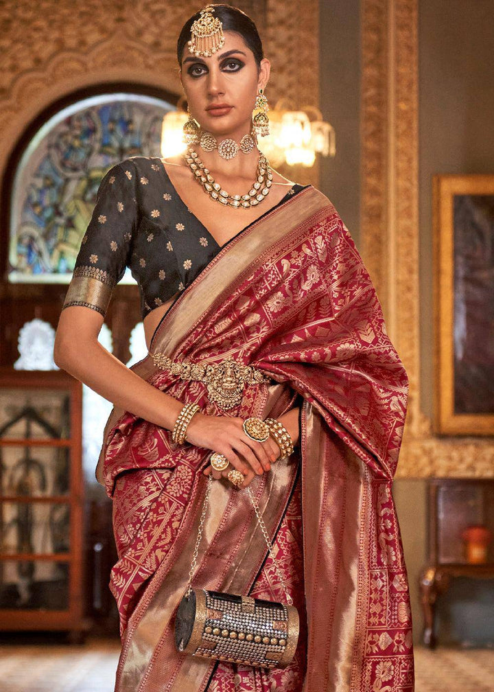 Cardinal Red Zari Woven Banarasi Silk Saree | Stitched Blouse - qivii