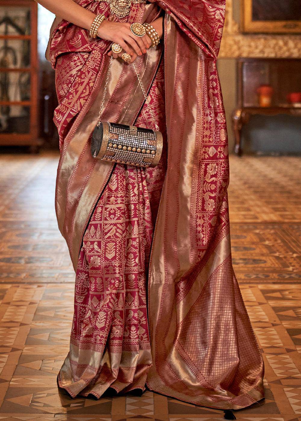 Cardinal Red Zari Woven Banarasi Silk Saree | Stitched Blouse - qivii