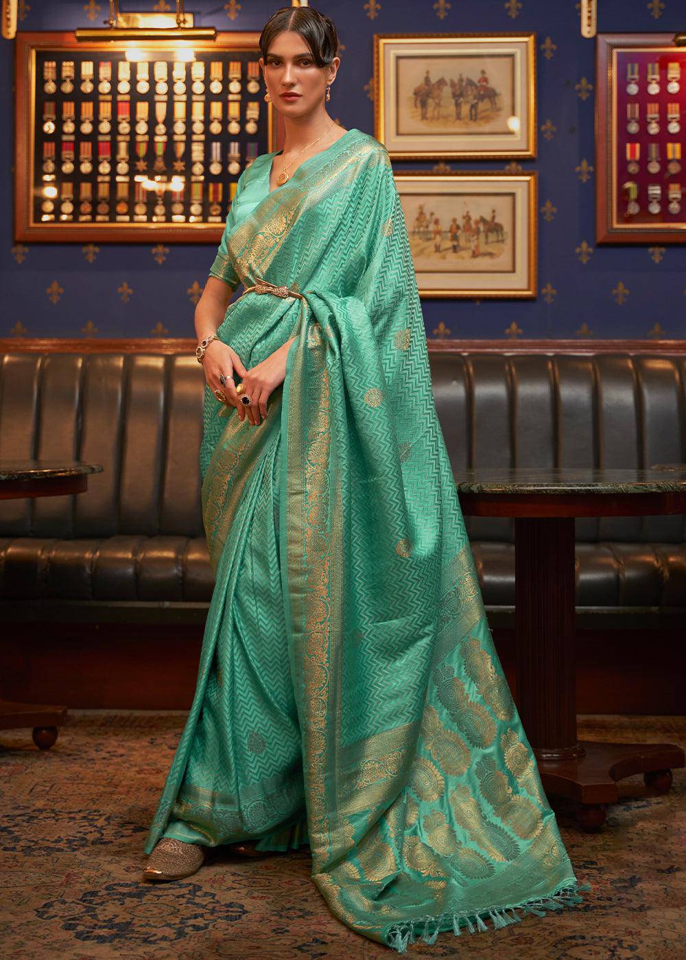 Caribbean Green Designer Satin Silk Saree | Stitched Blouse - qivii