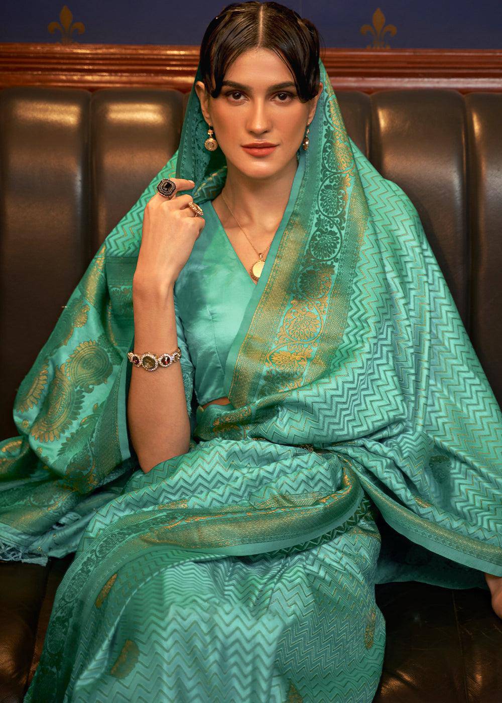 Caribbean Green Designer Satin Silk Saree | Stitched Blouse - qivii